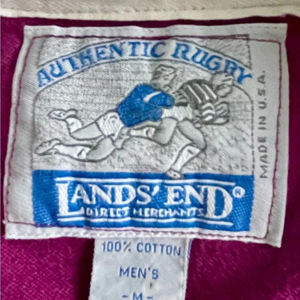 Vintage Lands' End Men's Rugby Shirt Magenta Teal Blue Stripes White Collar MED.